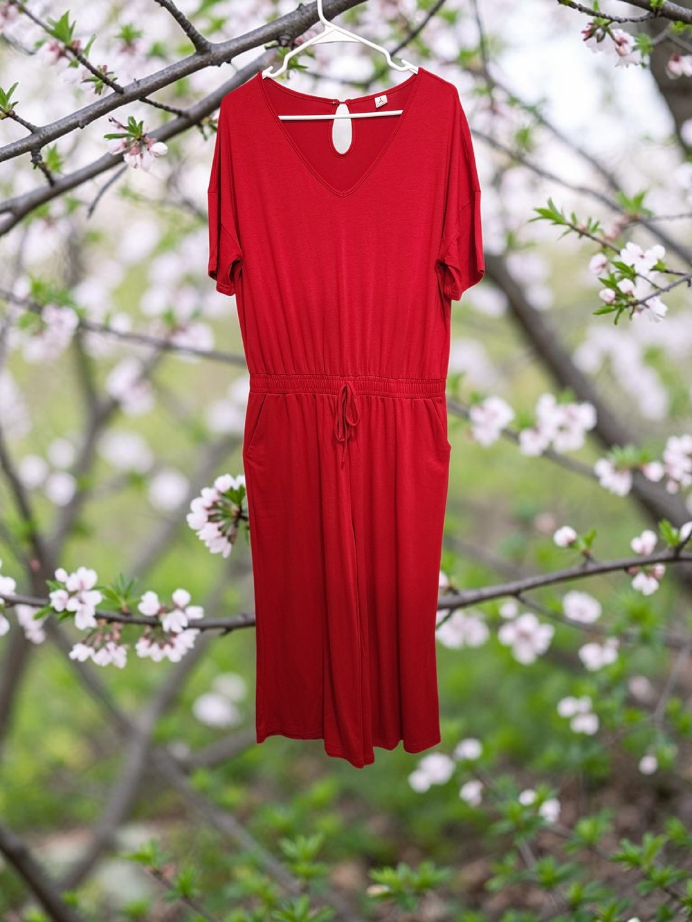 Anrabess V-Neck Red Jumpsuit with Drawstring Waist